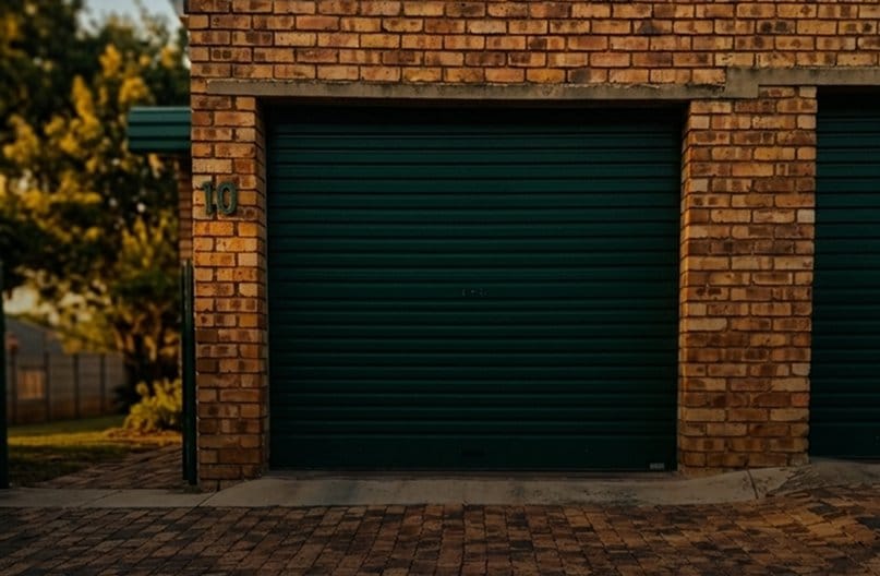 Green roll-up garage door installed on brick residential building