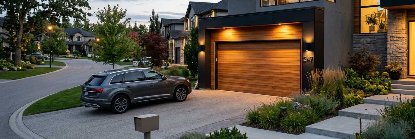 Premium garage door installation on modern home with wood finish and outdoor lighting